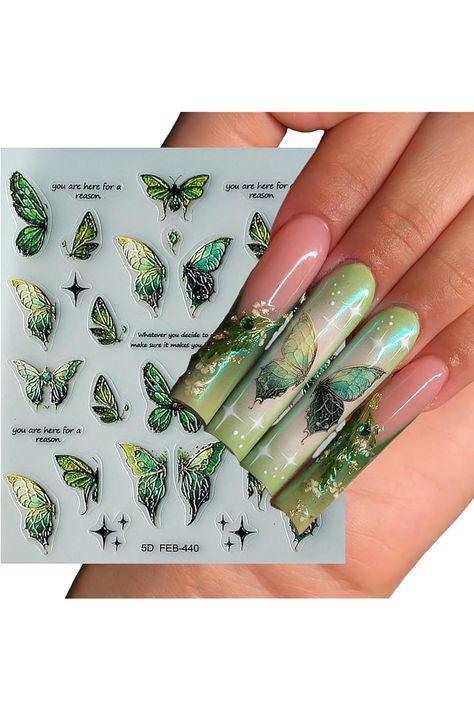 5D Green Butterfly Nail Art Stickers Decals,Star Butterfly Nail Stickers for Nail Art,Gold Mystical Vibes Butterfly Delicate Nail Art Decal Supplies for Women Salon DIY Acrylic Nails Design Decoration Green Nails With Butterflies, Butterfly Nails Green, Green Butterfly Nails, Butterfly Nail Art Designs, Delicate Nail Art, Women Salon, Nail Art Gold, Acrylic Nails Design, Nails Butterfly