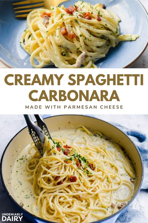 If you want to serve something both easy and hearty, make spaghetti alla carbonara. Think of it as pasta coated in a dressing made of eggs and cheese, with delectable bits of pancetta throughout. This creamy carbonara recipe is ideal with spaghetti, fettuccine or linguine as a base—you can't go wrong. Carbonara Recept, Pasta A La Carbonara, Creamy Spaghetti, Pasta Carbonara Recipe, Pasta Alla Carbonara, Carbonara Recipe, Easy Pasta Dishes, Pasta Carbonara, Carbonara Pasta