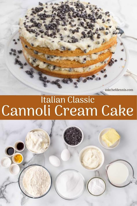 My Cannoli Cream Cake is three layers of moist, tender yellow cake stuffed with delicious homemade cannoli cream with chocolate chips. Make my Cannoli Cream Cake a holiday tradition at your house. Layered Cannoli Cake, Cannoli Layer Cake, Cannoli Cake Filling Recipe, Canolli Cake Recipe, Cannoli Cake Filling, Cannoli Filling For Cake, Cannoli Cream Cake, Cannoli Dessert Ideas, Easy Cannoli Cake