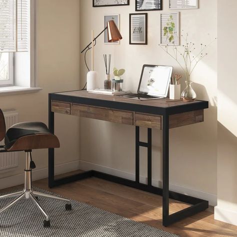 Small Wood Desk, Wood Computer Desk, Side Drawers, Industrial Contemporary, Industrial Desk, Innovative Furniture, Keyboard Tray, Solid Wood Desk, Metal Desks