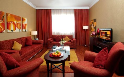 Red Curtains Bedroom, Red Couches, Red Furniture Living Room, Red Couch Living Room, Red Living Room Decor, Red Furniture, Red Living, Red Couch, Black Living Room