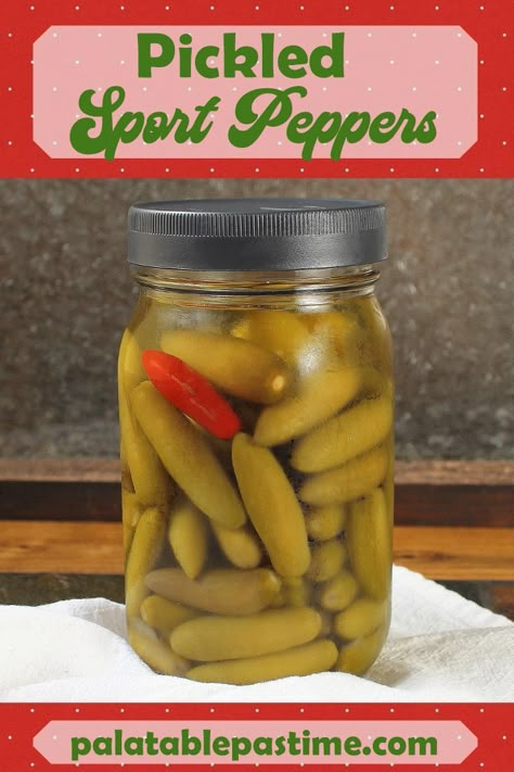 Pickled Sport Peppers are a mildly spicy small pepper  generally used for things  like topping Chicago Hot Dogs or on a relish tray. Pickled Sport Peppers Recipe, Sport Peppers Recipe, Sport Peppers, Easy Dill Pickles, Cheesy Zucchini Rice, Canning Peppers, Garden Canning, Pickled Peppers, Creamed Peas