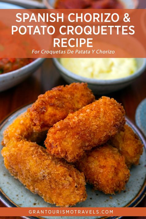 Potato Croquettes Recipe, Potato Croquette Recipe, Chorizo Potato, Spanish Chorizo, Spanish Tapas Recipes, Chorizo And Potato, Croquettes Recipe, Potato Croquettes, Chorizo Recipes