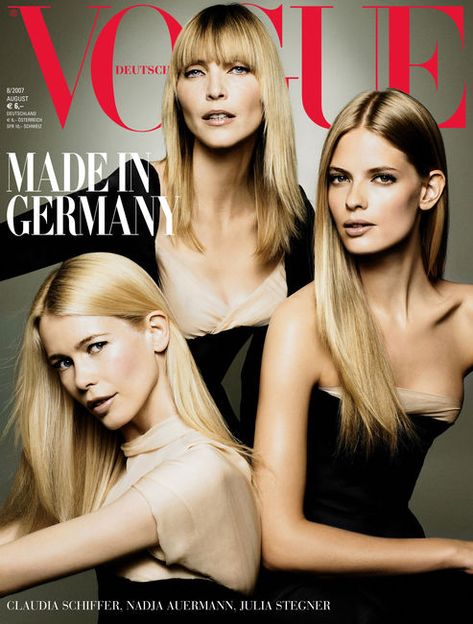 GERMAN VOGUE - AUGUST 2007 COVER MODEL - (L-R) - CLAUDIA SCHIFFER, NADJA AUERMANN & JULIA STEGNER Alexi Lubomirski, Julia Stegner, Nadja Auermann, Vogue Magazine Covers, Celebrity Photographers, 90s Supermodels, Fashion Magazine Cover, Vogue Spain, Vogue Us