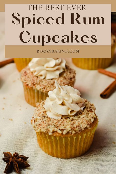 spiced rum cupcakes Infused Cupcakes Recipes, Boozy Cupcakes Recipes, Spiced Rum Recipes, Rum Desserts, Gourmet Cupcake Recipes, Rum Cupcakes, Boozy Baking, Boozy Cupcakes, Rum Cake Recipe