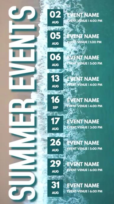 Design created with PosterMyWall Events Flyer, Calendar Graphic, Adventure Challenge, Summer Calendar, Summer Schedule, Calendar Poster, Event Template, Beach Events, Promotional Flyers