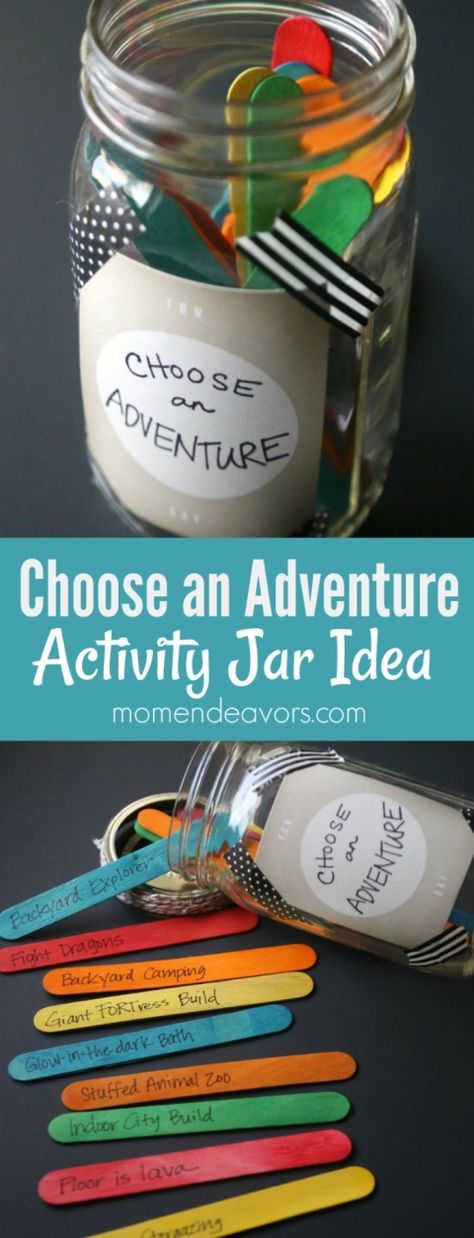 Choose An Adventure Activity Jar – Mom Endeavors Adventure Jar Ideas, Activity Jar, Snow Paint, Starter Ideas, Adoption Shower, Adventure Crafts, Senses Preschool, Night Jar, Library Themes