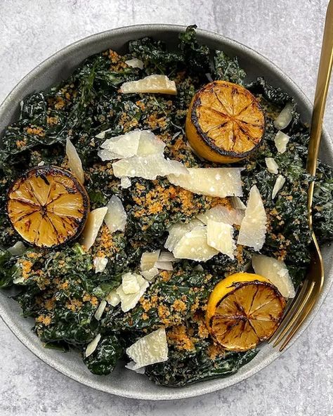 Roasted Garlic Kale Caesar with Spicy Breadcrumbs and Charred Lemon Spicy Bread, Charred Lemon, Lemon Kale Salad, Lemon Kale, Garlic Kale, Kale Caesar, Lemon Recipe, Kale Caesar Salad, Seasonal Salad