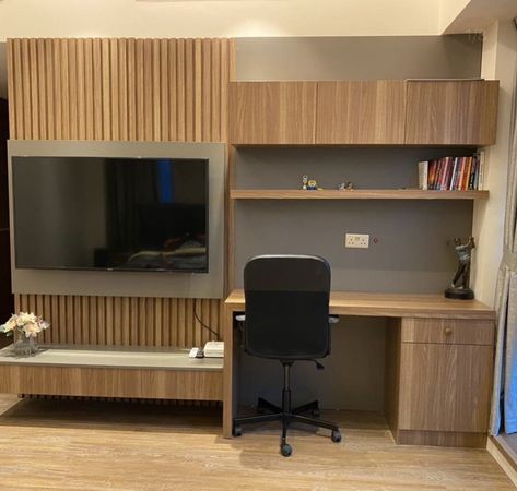 Tv And Computer Wall Unit, Tv Unit With Office Table, Tv Wall With Computer Desk, Tv Unit With Working Table, Tv Above Computer Desk, Tv With Desk Bedroom, Desk Media Wall, Study Table With Storage Cabinets, Media Unit With Desk