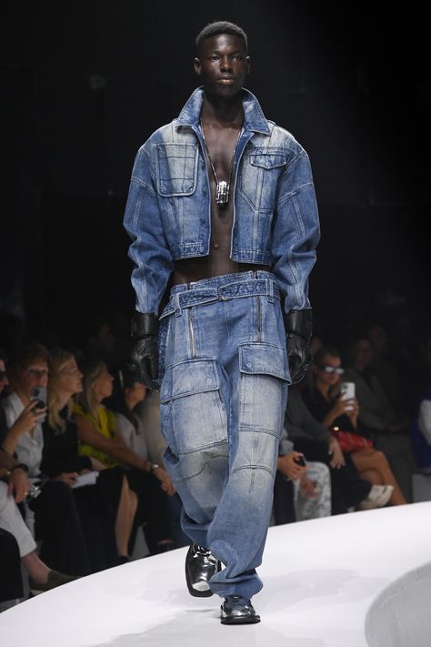 Mens Runway 2024, Men’s Denim, 2024 Runway Fashion, Denim Deconstruction, Ferrari Fashion, Denim 2024, Ferrari Roma, Mens Runway, Denim Outfit Men