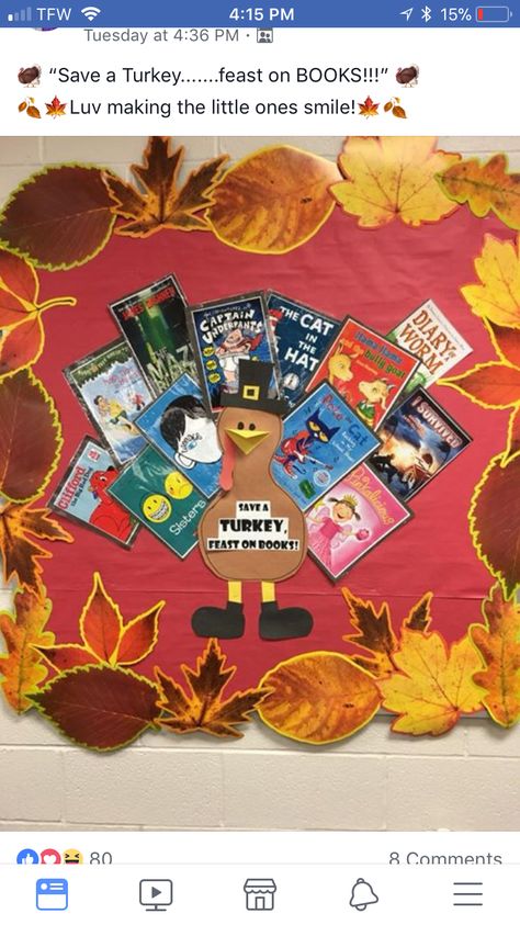 Adorable Thanksgiving display idea Library Thanksgiving, Fall Library Displays, Raise The Bar Reading, Thanksgiving Display, Book Bulletin Board, School Library Bulletin Boards, School Library Decor, Centers Kindergarten, Thanksgiving Bulletin Boards