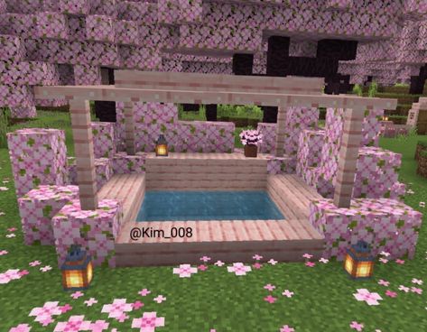 Minecraft Cute Love Minecraft Builds, Minecraft Princess Bedroom, Pink Fountain Minecraft, Vanity Minecraft, Minecraft Building Ideas Pink, Minecraft Backyard Ideas, Cute Pink Minecraft House, Minecraft Pool Ideas, Girly Minecraft Builds