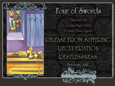 Four Of Swords Tarot, 4 Of Swords, Suit Of Swords, Four Of Swords, What Are Tarot Cards, Rider Waite Tarot Decks, Card Meanings, Swords Tarot, Tarot Cards For Beginners