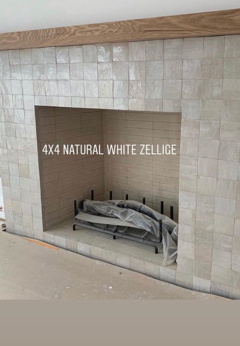 Modern Tile Fireplace Wall, Square Tile Fireplace, Zellige Fireplace, White Tile Fireplace, Plaster Fireplace Surround, Fireplace Feature Wall, Fireplace Facing, Tile Fireplace, Living Space Decor