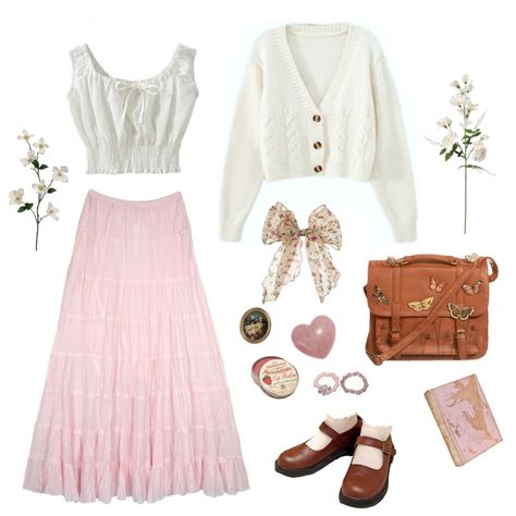 Cute Light Blue Outfits Aesthetic, Summer Cottagecore Dress, Scarlet Outfit Aesthetic, Polyvore Outfits Aesthetic Soft, Pink Core Aesthetic Outfits, Soft Pink Fashion, Cottage Core Pink Outfit, Light Academia Pink Outfit, Pink Hippy Outfit