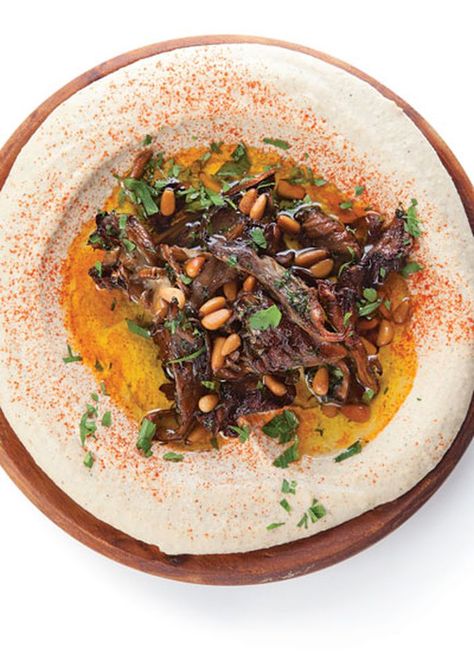 Hummus with Hen of the Woods Mushrooms Recipe | Saveur Hen Of The Woods Mushroom Recipe, Meze Recipes, Hen Of The Woods, Mushroom Recipes Vegan, Pine Nut Recipes, Tahini Recipe, Nut Recipes, Vegetarian Appetizers, Thanksgiving Appetizers