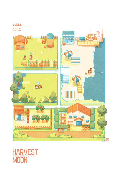 Harvest Moon Friends Of Mineral Town, Harvest Moon Wallpaper, Game Design Inspiration, Game Design Art, Friends Of Mineral Town, Harvest Town, Harvest Moon Game, Top Down Game, Game Map