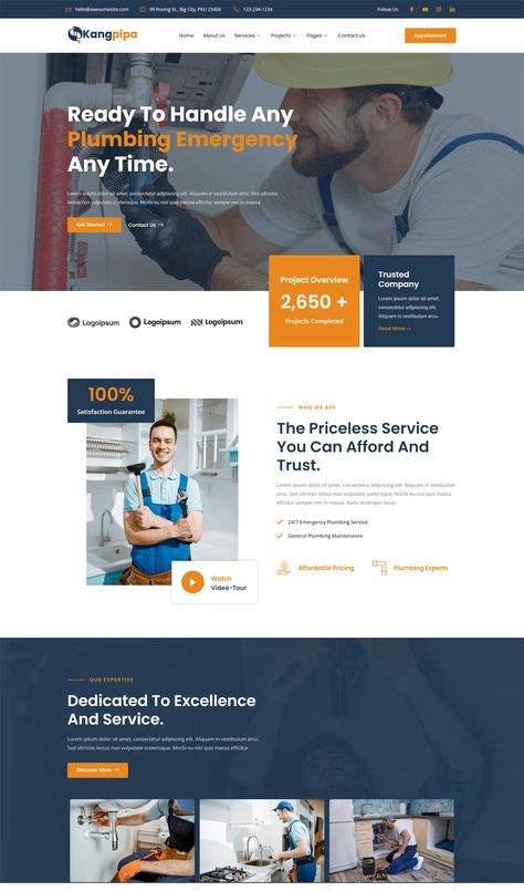 Plumbing Services Elementor Template Kit Plumbing Website Design Inspiration, Plumbing Website Design, Plumber Website, Energy Website, Website Design Minimalist, Conference Website, Web Grid, Webpage Design Layout, Elementor Templates