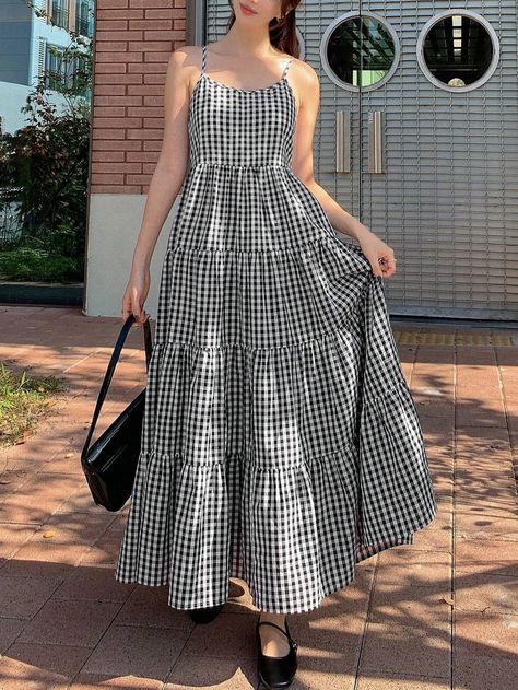 DAZY Ladies' Casual Plaid Printed Summer Holiday Spaghetti Strap Dress | SHEIN USA Anarkali Dress Pattern, Fashion Top Outfits, Casual Day Outfits, Designer Dresses Casual, Quick Outfits, Dress Aesthetic, Fashionista Clothes, Vintage Maxi Dress, Simple Trendy Outfits