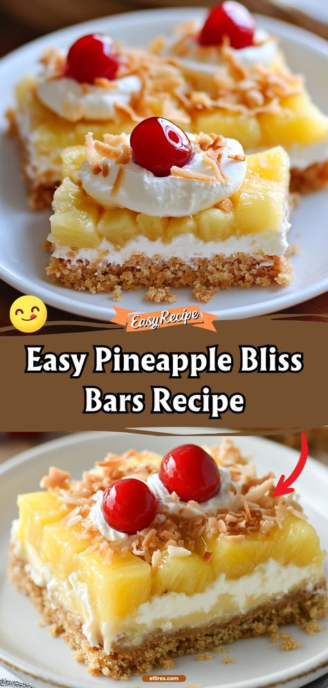 Dive into a tropical delight with our Pineapple Bliss Bars! These bars are a heavenly combination of juicy pineapple chunks and a creamy, sweet filling that sits atop a crumbly crust. Perfect for summer picnics or as a bright treat during the colder months. Indulge in the taste of paradise with every bite! #PineappleDessert #TropicalTreats #BlissBars Chunk Pineapple Recipes, Pineapple Bliss Bars Recipe, Pineapple Bliss Bars, Pinapple Recipes Dessert, Recipe With Pineapple Chunks, Pineapple Dessert Easy, Bliss Bars, Bliss Bar, Pineapple Delight