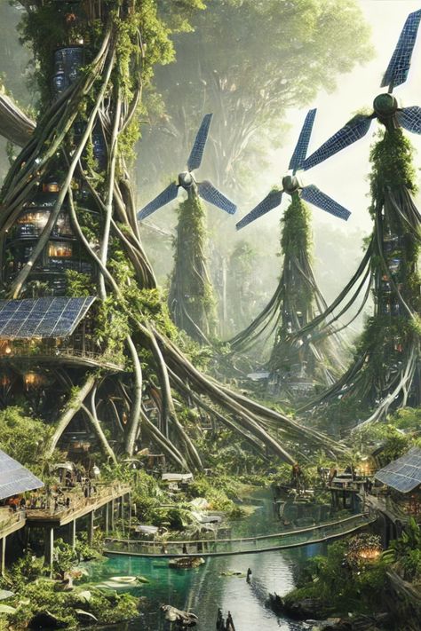 Experience a breathtaking fusion of nature and technology in this cyberpunk jungle civilization. Perfect for eco-conscious enthusiasts, this image showcases advanced technology harmonizing with the natural world. #cyberpunk #jungle #sustainability #advancedtechnology #ecofriendly Solarpunk Concept Art, Eco Punk Aesthetic, Jungle Civilization, Ecopunk Aesthetic, Solarpunk Technology, Solar Punk Character, Nature Cyberpunk, Cyberpunk Nature, Solar Punk City