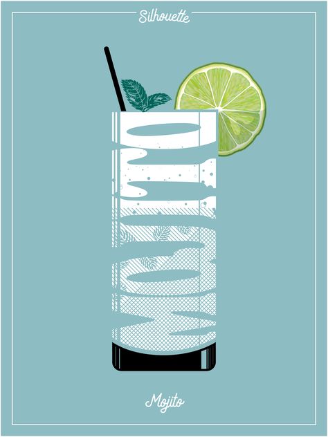 Graphic Design Posters Illustration Advertising, Mojito Graphic Design, Mojito Logo, Cocktail Illustration Graphic Design, Cocktail Typography, Cocktail Graphic Design, Mojito Illustration, Cocktail Poster Design, Cocktail Book Design