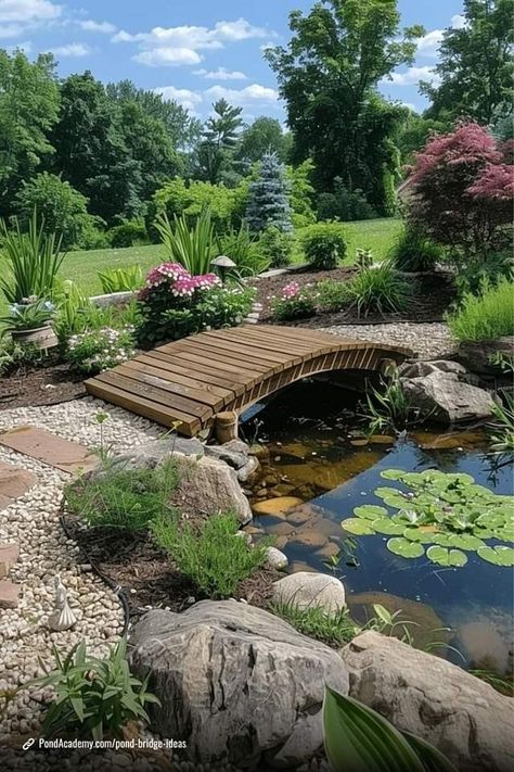 Garden Pond Bridge, Gazebo Pond Ideas, Koi Pond With Bridge, Cottage With Pond, Pond In Garden, Garden With Bridge, House With Pond, Garden With Pond, Garden Bridge Design