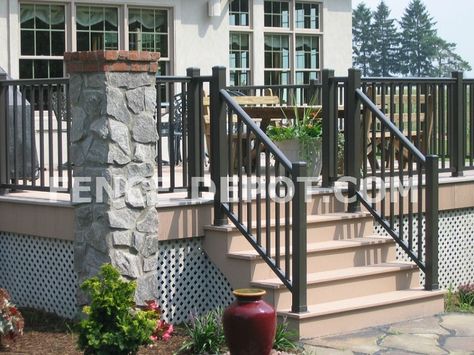 Our Gallery of Aluminum Fence, Driveway Gates, Vinyl Fences and more! | Aluminum Porch Railing, Wrought Iron Porch Railings, Vinyl Deck Railing, Porch Railing Designs, Deck Stair Railing, Modern Front Porches, Metal Deck Railing, Aluminum Railing Deck, Front Porch Railings