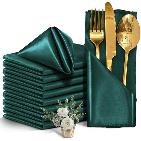 PRICES MAY VARY. ❤Classy and Elegant Dining Experience: Elevate your dining table with our satin napkins, adding a touch of class to any occasion. These elegant dinner napkins are designed to uplift your dining experience and create a sophisticated atmosphere for your guests. With a pack of 12 napkins, you can accommodate a large number of guests at once. ❤Versatile and Convenient Sizing: Our silky napkins feature appropriate dimensions of 17 x 17 inches, allowing you the flexibility to fold the Hunter Green And Ivory Wedding, Emerald Reception Decor, Forest Green Table Decor, Emerald Green Wedding Reception Decor, Blue Green Gold Wedding Colors, Emerald Green And Gold Wedding Ideas, Emerald Quinceanera Decorations, Forest Green And Gold Wedding Decor, Emerald Green Gold Wedding Decor