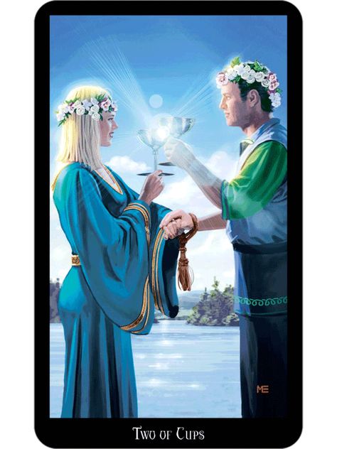 Romance, An engagement, handfasting, wedding or reconciliation, A partnership, Equality  and true love. 2 Of Cups, Two Of Cups, Witches Tarot Cards, Kartu Tarot, Witches Tarot Deck, Cups Tarot, Angel Oracle Cards, Witch Tarot, Lord Byron