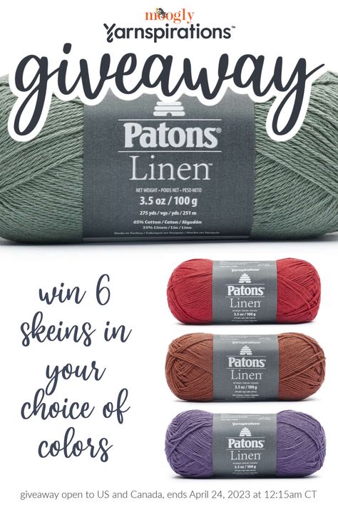 Patons Linen is an exciting new cotton and linen blend yarn from Yarnspirations! Take a look at fabulous DK weight yarn and enter to win 6 summery skeins of Patons Linen on Moogly! The Patons Linen Giveaway is open to US and Canada addresses only (void where prohibited). The giveaway ends April 24, 2023, at 12:15am Central US time. via @moogly Knitting Gauge, Linen Yarn, Giveaway Time, Dk Weight Yarn, Local Crafts, Giveaway Contest, Enter To Win, Crochet Yarn, Knitting Needles