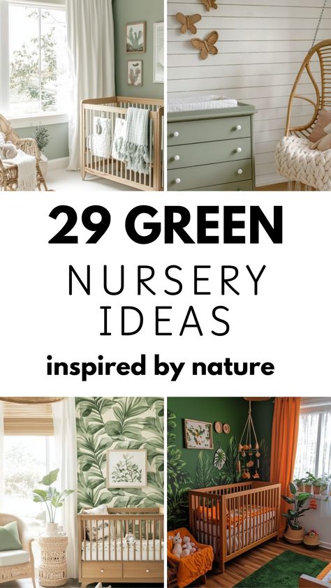 Four green-themed nursery designs inspired by nature, featuring earthy tones, plant motifs, wicker accents, and cozy textures for a serene, nature-inspired baby room. Best Green For Nursery, Green Crib Nursery Boy, Sage And Gray Nursery, Tan And Green Nursery, Green Nursery Color Palette, Woodland Nursery Paint Colors, Evergreen Fog Nursery, Olive Green Nursery Boy, Dark Green Baby Nursery