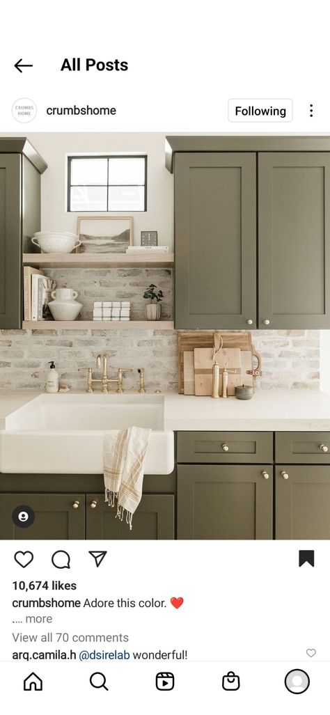 White Brick Backsplash, Tan Kitchen, Beige Backsplash, Brick Backsplash Kitchen, Fish Farm, Beige Cabinets, Brick Kitchen, Green Kitchen Cabinets, Beige Kitchen