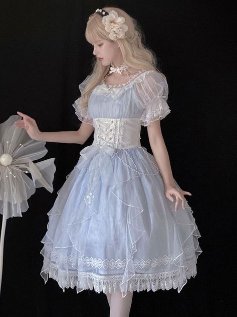 Sweet Lolita Dress Princess Bows Pearls Lace Short Sleeves Light Sky Blue Lolita Wedding Dress Princess Fairy Dress, Japanese Princess, Dress Fairy, Op Dress, Marine Uniform, High Waist Short, Aesthetic Dress, Light Blue Dresses, Fairy Fashion