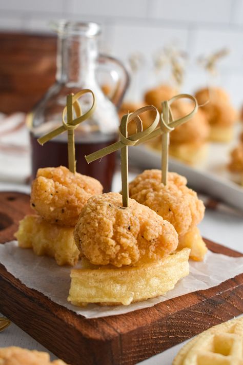 Chicken and Waffle Skewers • Dance Around the Kitchen Waffle Appetizer, Waffle Skewers, Maple Waffles, Healthy Stuffed Mushrooms, Crunchy Fried Chicken, Fried Chicken Batter, Dance Around The Kitchen, Chicken Batter, Chicken Skewer Recipe