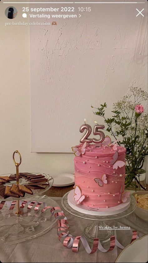 Aesthetic 25th Birthday Cake, Birthday Cake Aesthetic Butterfly, Birthday 25 Cake, Cake Designs Birthday Pink, Cakes For Girls Birthday Aesthetic, 25 Th Birthday Cake, 23rd Birthday Cake Ideas, Happy 25th Birthday Cake, Simple Pink Birthday Cake