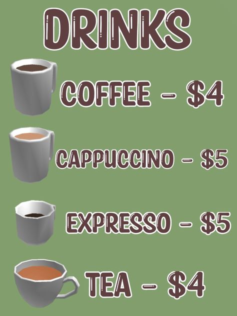 Coffee Menu Bloxburg Codes, Drink Menu Bloxburg, Cafe Logo Bloxburg Code, Aesthetic Bloxburg Cafe Decal Codes, Bloxburg Coffee Shop Menu Decals, Bloxburg Cafe Clothes Codes, Bloxburg Mcdonalds Menu Codes, Bloxburg Market Decal Codes, Cafe Menu Bloxburg