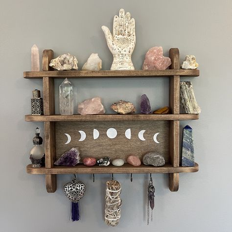 Moon Phases Crystal/Trinket Shelf, Wall Mount, Horizontal by EllieMoon on Etsy Spiritual Area In Bedroom, Shelf For Collectables Display, Wall Crystal Display, Moon Wall Shelf, Moon Shelf For Crystals, Crystal Shelves Diy, Witchy Storage Ideas, Shelf Ideas For Bedroom Floating Shelves, Cute Shelf Decor Bedroom