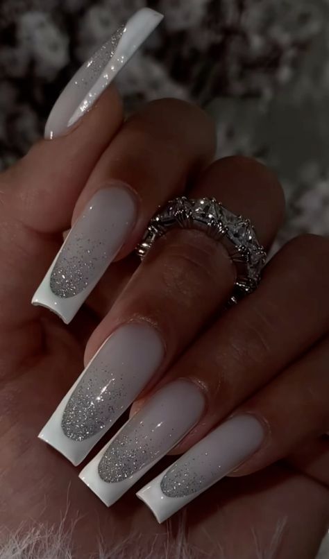 Elegant Holiday Nails Classy, White Long Square Nails, White French With Glitter, Nail Inspo With Charms, White On White Nails, Matte White Nails, Elegant Touch Nails, Long Square Nails, Girly Acrylic Nails