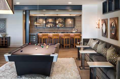 Smithtown Artisan Home - Contemporary - Family Room - Minneapolis - by Aspect Design Build | Houzz Lake House Basement, Finish Basement, Contemporary Family Room, Small Game Rooms, Pool Table Room, Basement Layout, Artisan Home, Modern Basement, Basement Bar Designs