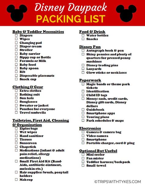 Packing List for Your Disney Daypack - Headed to Disneyland or Walt Disney World? Grab this free printable with everything you might need to pack in your backpack, purse, or diaper bag. Electronics, snacks, baby supplies, and more. | Trips With Tykes Packing List For Disney, Disney World Packing, Disney Cute, Disney World Vacation Planning, Family Disney Trip, Disneyland Tips, Disneyland Vacation, Disney Trip Planning, Disney Vacation Planning