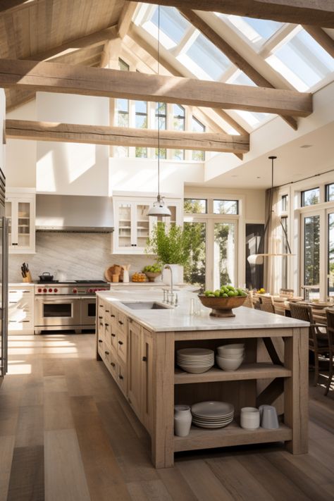 Modern farmhouse kitchen decor, modern farmhouse kitchen pendant lights, island, exposed beams and skylight. Cubbies Mudroom, Barndominium Interior, Bench Dimensions, Farmhouse Kitchen Design, Mudroom Bench, Modern Farmhouse Kitchens, Luxury Kitchen, Kitchen Style, Rustic Kitchen