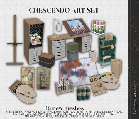 Cresendo Art Set with Bonus Items (Atelier Tier) - The Sims 4 Download - SimsFinds.com Cc Drawing, Cc Clutter, Pink Princess Room, Patreon Art, The Sims 4 Lots, Furniture Cc, Sims 4 Bedroom, Sims 4 Download, Free Sims 4