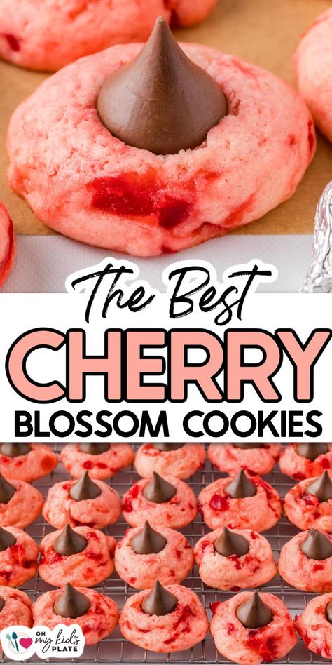 Pretty cherry blossom cookies have a buttery cherry sugar cookie packed with flavor, and topped with a sweet chocolate kiss. You'll love this cookie as a Christmas cookie, but they're tasty any day. Cherry Garcia Cookies Recipe, Christmas Cookies With Maraschino Cherries, Cherry Almond Sugar Cookies, Cherry Chip Cookies Recipes, Choc Cherry Cookies, Cherry Walnut Cookies, Cherry White Chocolate Chip Cookies, Lemon Cherry Cookies, Strawberry Kiss Cookies