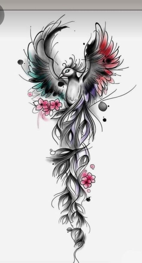 Peacock Phoenix Tattoo, Women's Back Tattoos Spine, Pheonix Tattoo Drawings, Phinox Tattoo For Women, Phoenix Arm Tattoo For Women, Phoenix Tattoo Design For Women, Phenix Tattoo For Women, Forearm Cover Up Tattoos For Women, Phoenix And Flower Tattoo