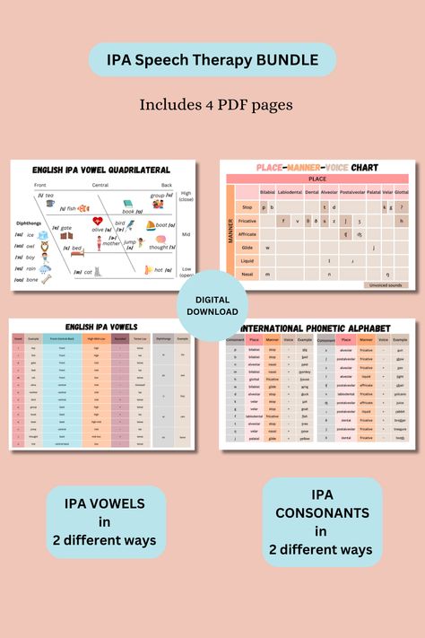 This listing includes a set of 4 different PDFs, including the IPA Consonant and Vowel Charts! Both are presented in their traditional ways, but another table format is offered as well. This IPA chart for English consonants and vowels can be used as a quick reminder of the features of these sounds (place, manner, voicing, tongue position and rounding) while assessing, interpreting results, doing therapy, or educating caregivers/parents. English Consonants, Ipa Chart, Consonants And Vowels, International Phonetic Alphabet, Vowel Chart, Phonetic Alphabet, Charts For Kids, English Teacher, Speech Therapy