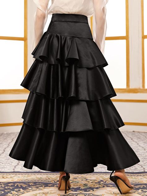 SHEIN Layered Ruffle Satin Maxi Skirt | SHEIN USA Layered Flounce Skirt, Long Skirt With Ruffles, Layered Skirt Outfit, Junk Couture, Outfit Ideas Skirt, Ruffle Long Skirt, Gothic Era, Outfits Skirts, Spring Skirt Outfits