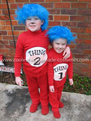 Homemade Thing 1 and Thing 2 Costume: I just purchased 2 red skivvies and 2 pairs of track pants on sale. Using iron on transfer paper I printed up 'Thing 1 and Thing 2' templates and ironed Hat Costume Ideas, Thing 2 Costume, Cat In The Hat Costume, Dr Seuss Costumes, 2 Halloween Costumes, Pair Costumes, Thing 1 And Thing 2, Book Week Costume, World Book Day