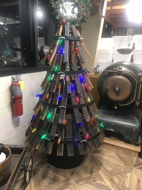 Christmas tree out of wine barrel slats Wine Barrel Christmas Tree, Whiskey Barrel Ideas, Brewery Ideas, Barrel Ideas, Whiskey Barrel, Wine Barrel, Bourbon, Whiskey, Barrel