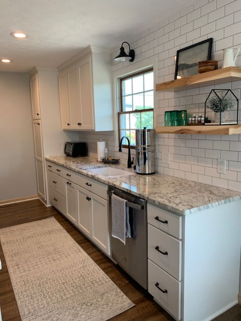 Open Shelves Galley Kitchen, Galley Kitchen With White Cabinets, Small Galley Style Kitchen Ideas, Small Rambler Kitchen Remodel, Kitchen Ideas Long Layout, Gally Kitchen To Open Concept, Farmhouse Kitchen Galley, Alleyway Kitchen Ideas, Small Kitchen Remodel Galley Layout